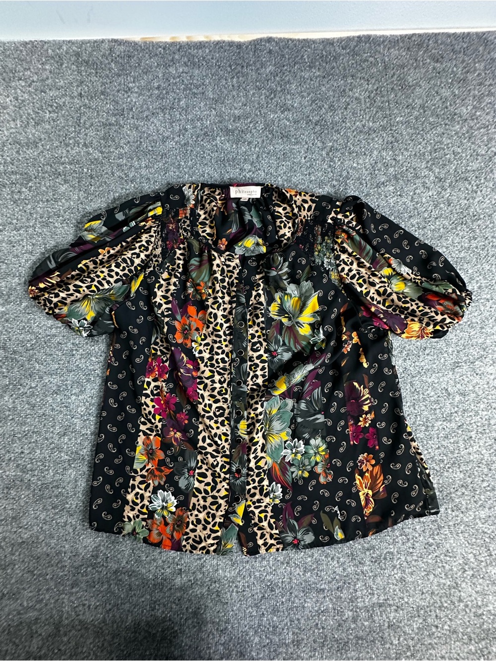 Philosophy Black Floral & Leopard Mixed-Print Short Sleeve Top